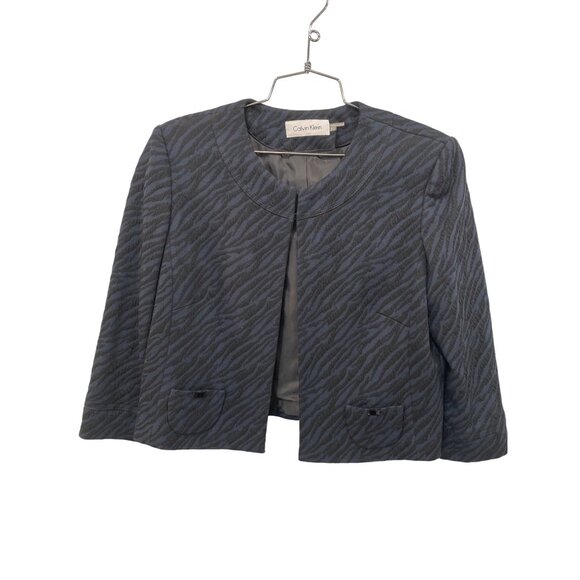 Calvin Klein Zebra Print Cropped Blazer Jacket Womens 10 Black Blue Career Work - Picture 1 of 6
